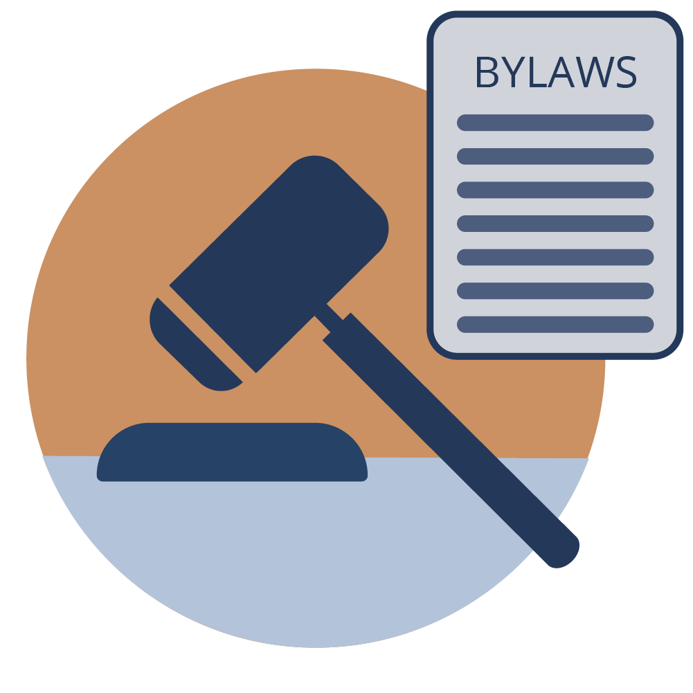 Illustration of a gavel with an icon symbolizing paper where bylaws are written on.
